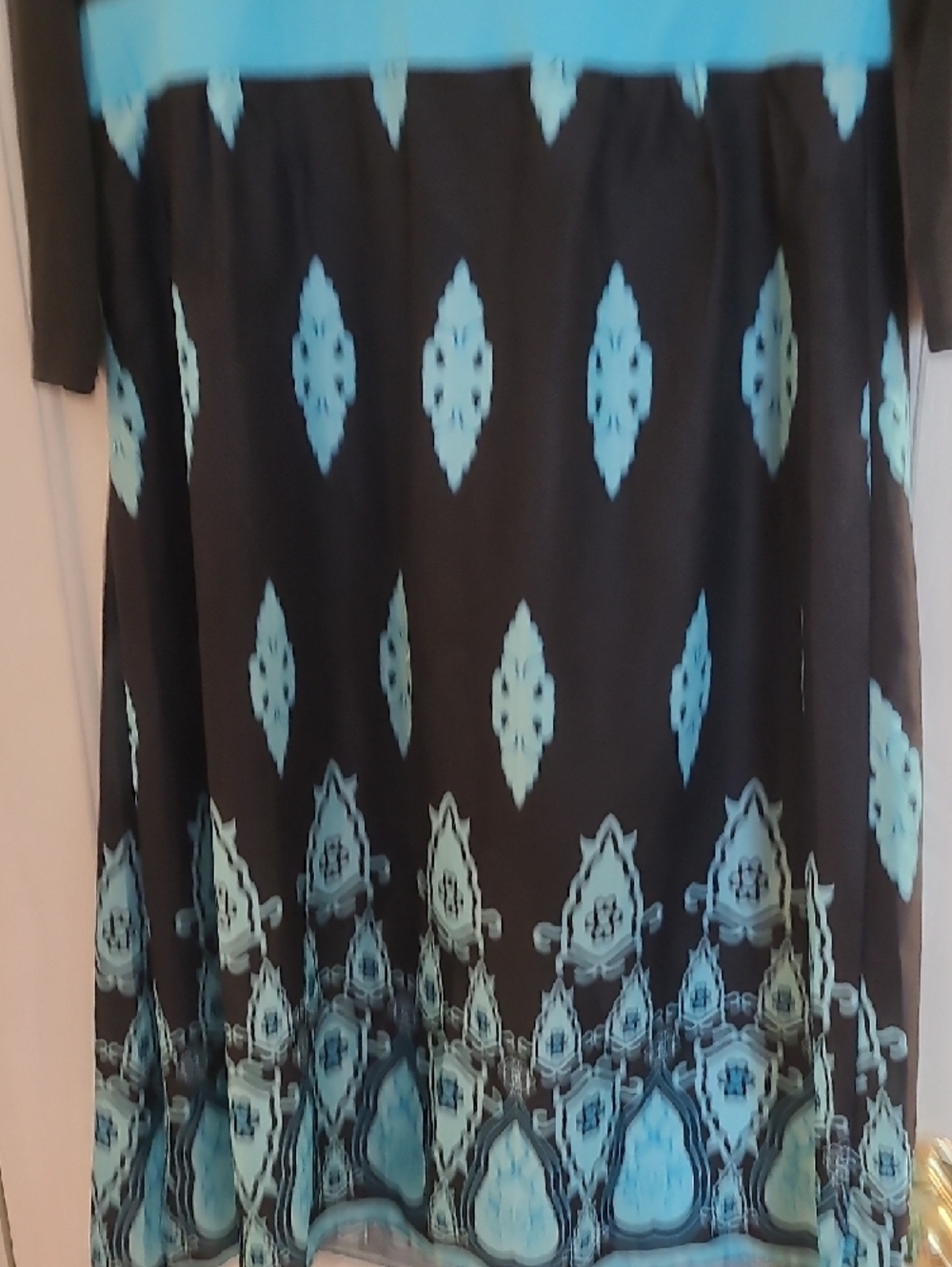 Black Dress with Teal Pattern and Waistband - Picture 3 of 6